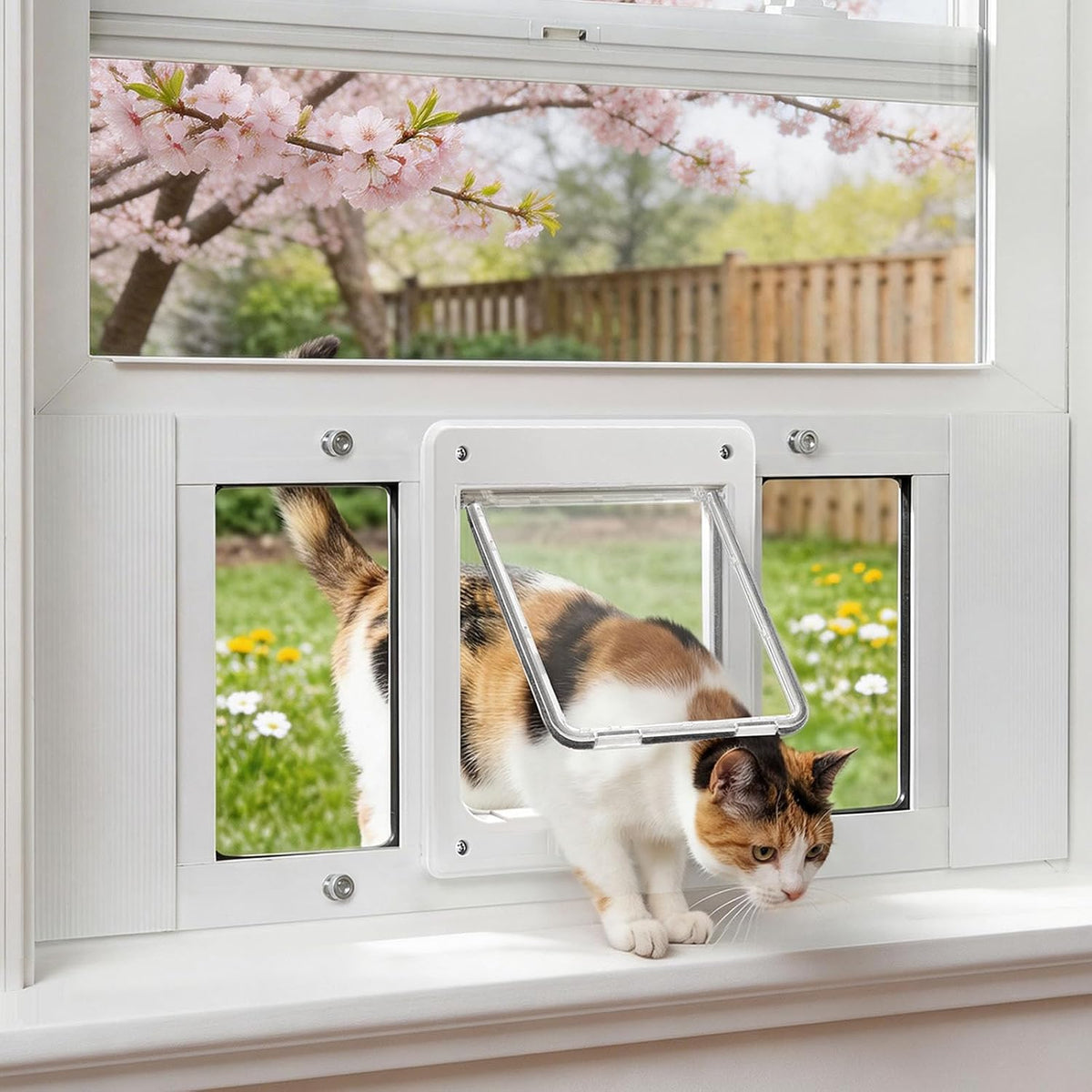 Cat Door for Window & Small Dog, Quick Damage-Free Install, 32"-36" Width Adjustable, All Aluminum Frame, 4-Way Lock, Magnetic Closure Cat Window Door, Extra Window Lock & Sealing Strips (L)