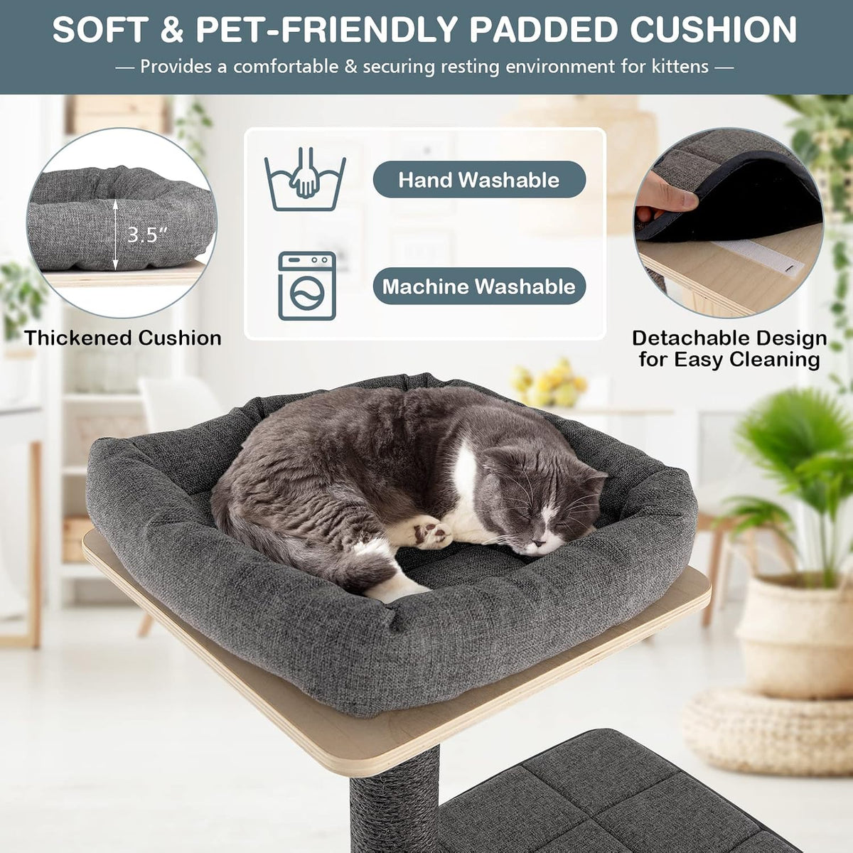 69-Inch Tall Wooden Cat Tree Tower, Modern Cat Activity Center Tree with Sisal Scratching Posts & Board, Condo & Top Perch for Indoor Cats, Grey