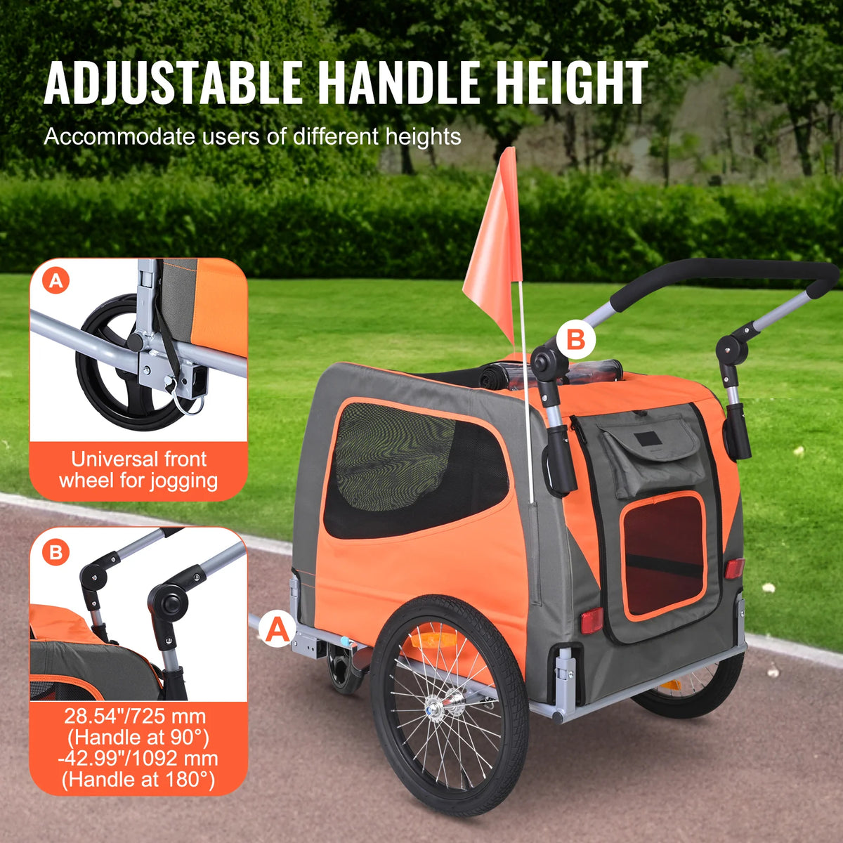 2-in-1 Dog Bike Trailer and Stroller - up to 66 lbs, Orange/Gray