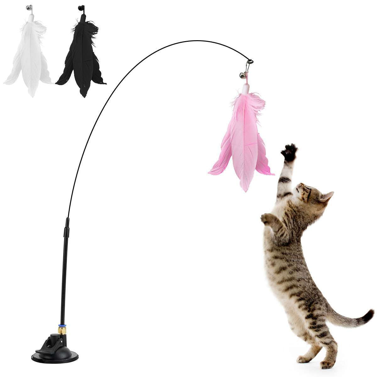 Bendable Teaser Wand Toy with Suction Cup Base Feather Bells Cat Interactive Pet