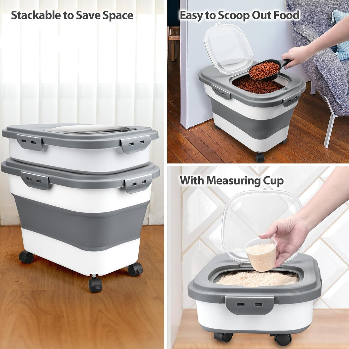 Dog Food Storage Container, 10-20Lbs Collapsible Pet Food Storage Containers with Rolling Wheel Airtight Locking Lid, Dry Food Storage Bin with Cup and Scoop,Suitable for Pet Food, Rice, Flour