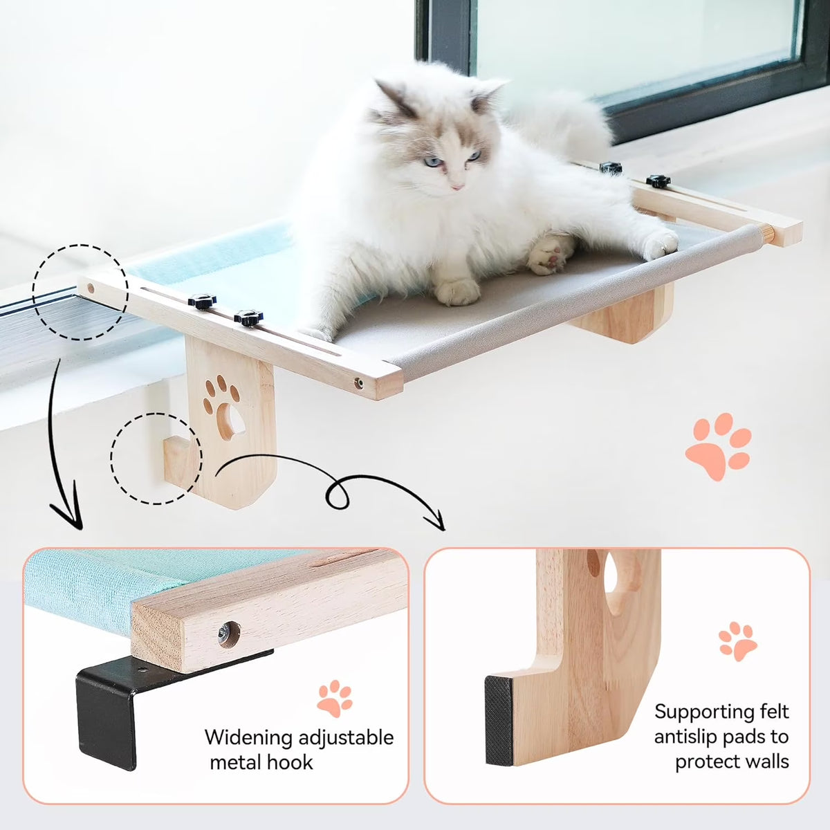 Cat Window Hammock,Cat Window Perch,Cat Window Bed,Easy to Adjust Cat Hammock for Window, Bedside,Drawer and Cabinet