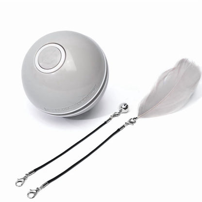 Interactive Cat Toy Ball, Automatic Rolling with LED Lights, Detachable Feather, Catnip, 360° Motion, for Indoor Pets, Grey