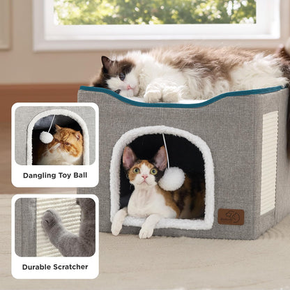 Cat House Bed for Indoor Cats with Fluffy Ball and Scratch Pad,Grey