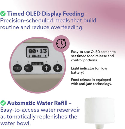 ® Automatic Dog & Cat Food Feeder with Water Dispenser, Smart Pet Feeder with Portion Control, OLED Display, Anti-Jam Design, Battery Operated, Medium Pets 15–30 Lbs, Taupe