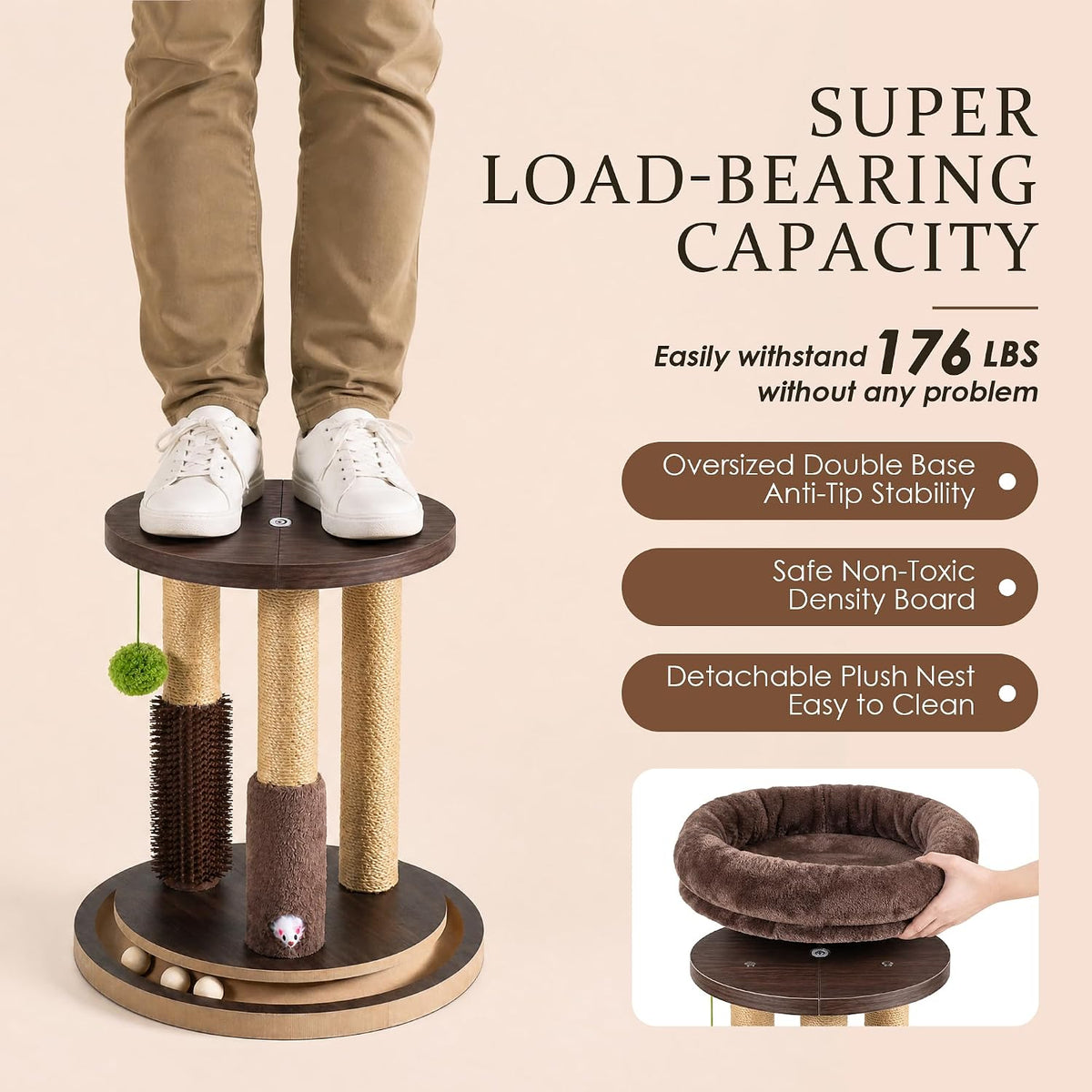 22" Cat Scratching Post with Tower Soft Bed, Heavy-Duty Wood Base