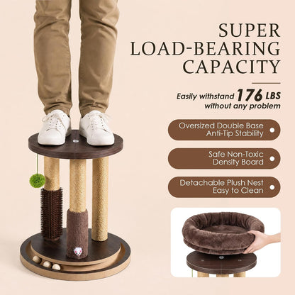 22" Cat Scratching Post with Tower Soft Bed, Heavy-Duty Wood Base