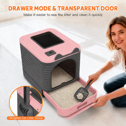 Enclosed Cat Litter Box with Lid, Easy to Clean with Includes Scoop & 4 Charcoal Deodorizer Bags,Pink