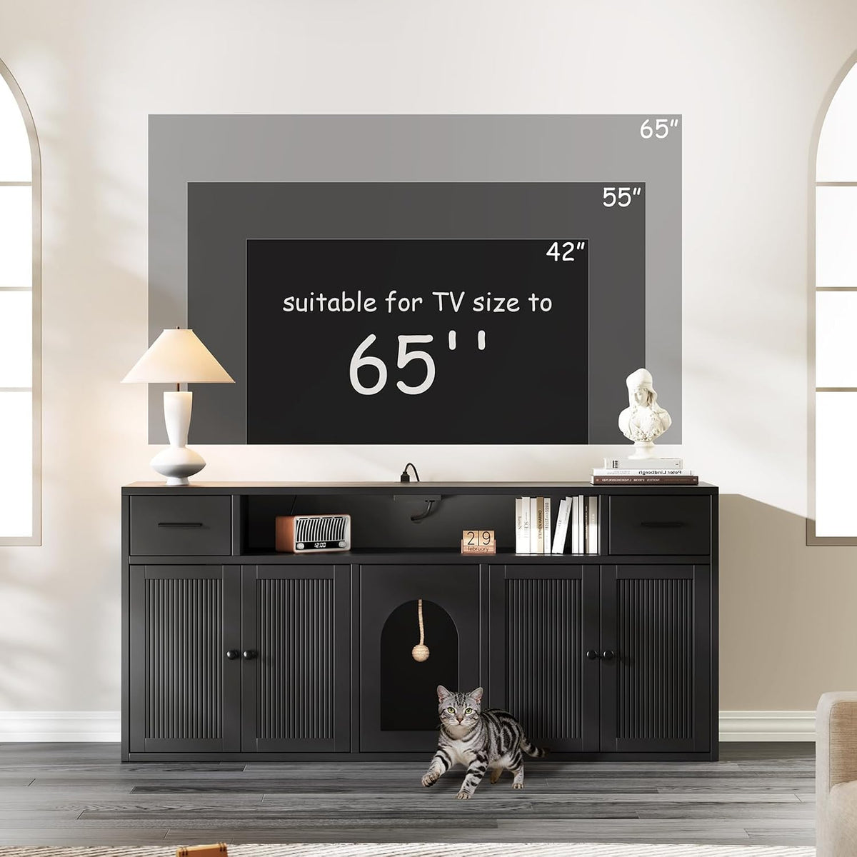 Cat Litter Box Enclosure, Litter Box Furniture for 2 Cats, Litter Box Enclosure with Socket for Living Room (Black)