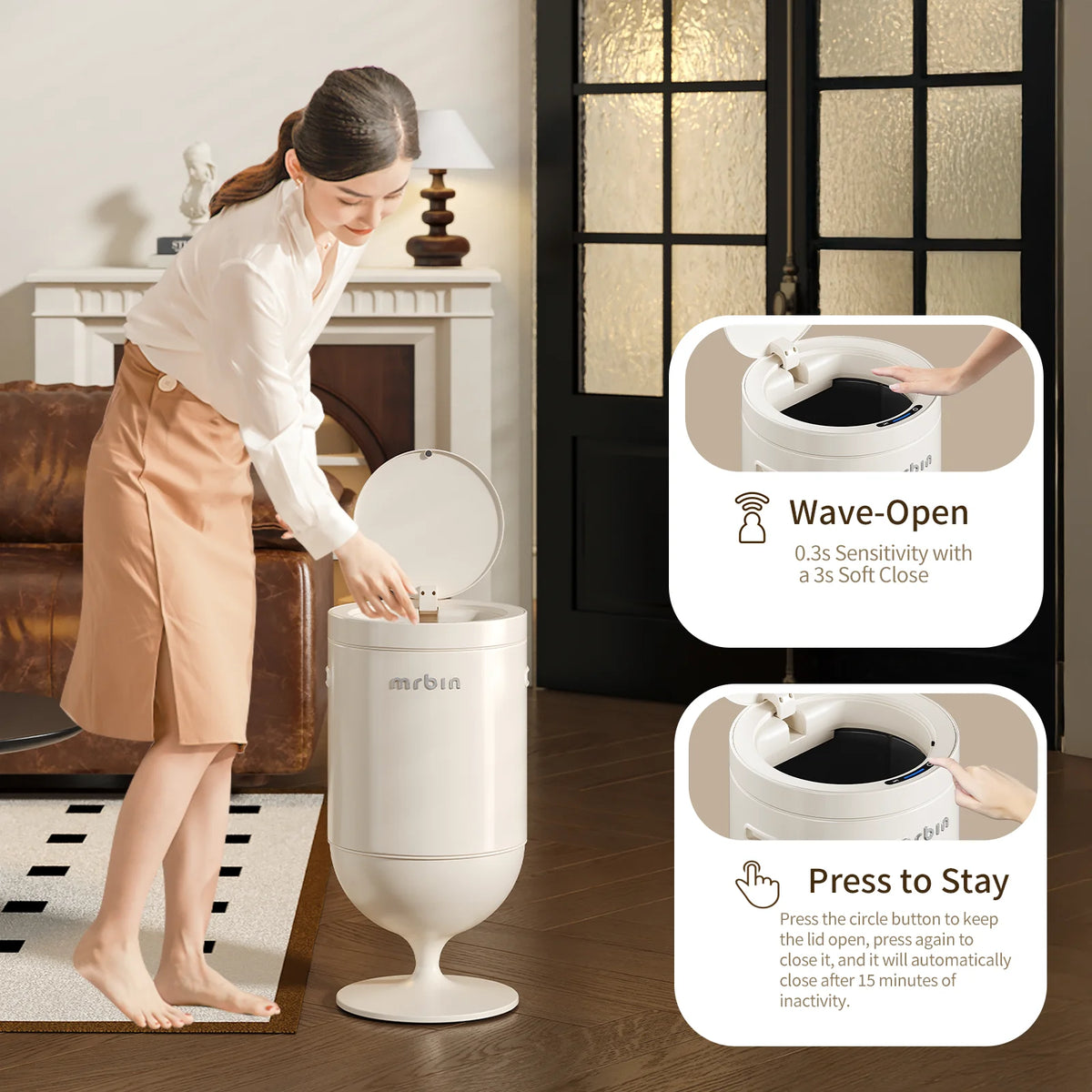Metal Bathroom Motion Sensor Trash Can with Lid, 5.3 Gallon Wine Glass Shaped Automatic Waste Basket Touchless, Smart round Tall Garbage with High Leg for Office, Bedroom, Kitchen, Cream White
