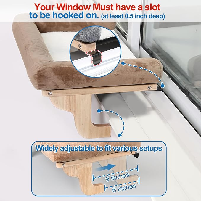 Cat Perch for Windowsill with Bolsters (Natural Wood/Gray, L)