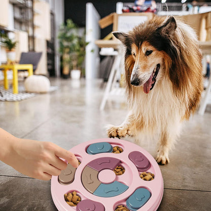 Pink dog puzzle toy treat dispensing feeder