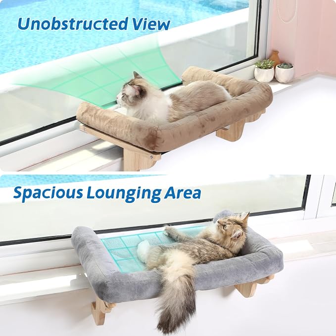Cat Perch for Windowsill with Bolsters (Natural Wood/Gray, L)