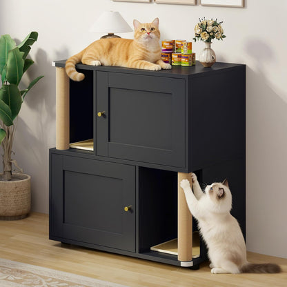 Double Cat Litter Box Enclosure, Litter Box Cabinet for 2 Cats, Hidden Cat Litter Box Furniture, Dog-Proof Litter Box Enclosure with Cats Scratching Post, Suitable for Most Litter Boxes