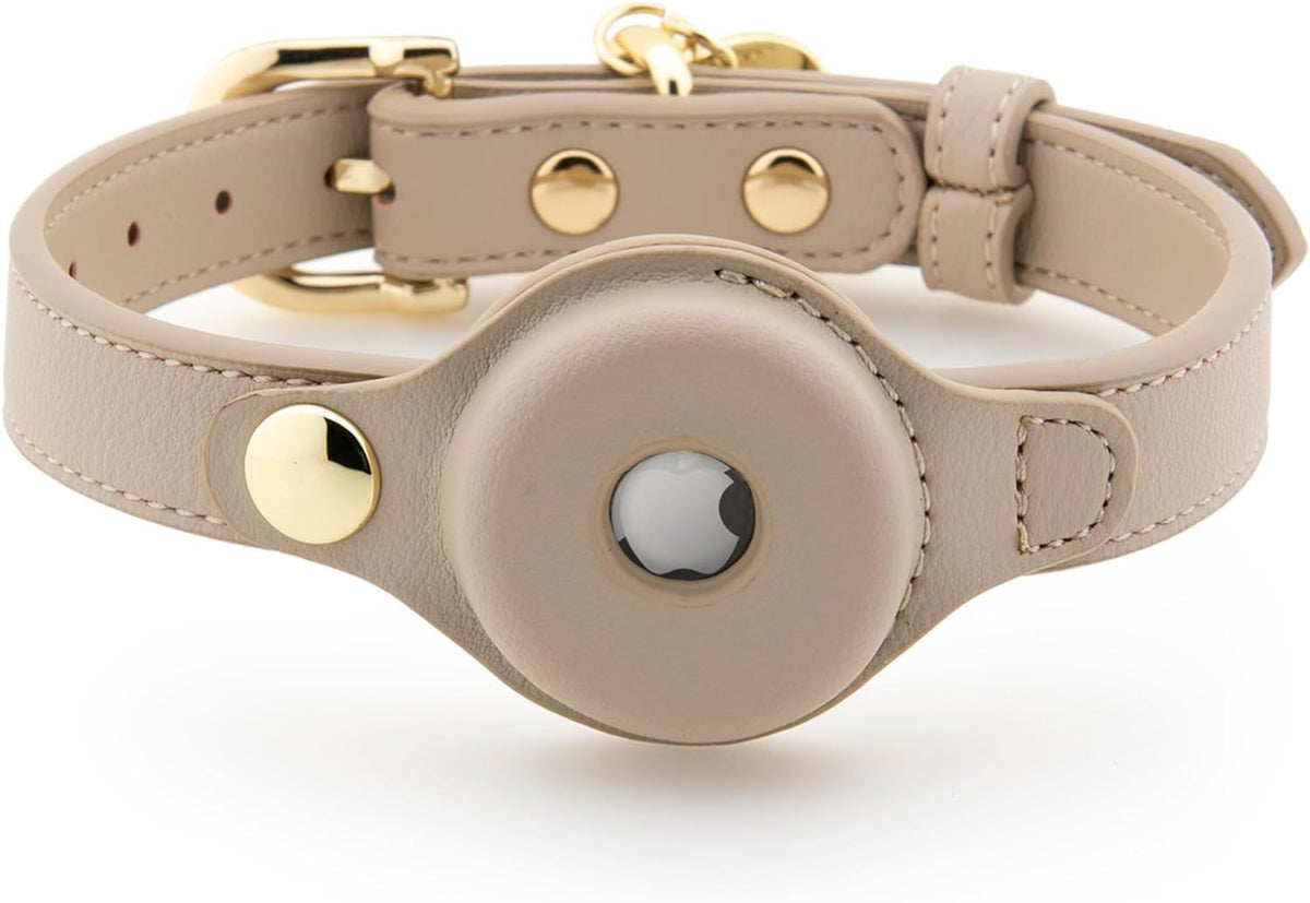 Cupertino Dog Collars, Harnesses & Leashes Made from Vegan Leather with Dog Tracker Device Holder Adjustable Dog Collar - Color Beige, Large