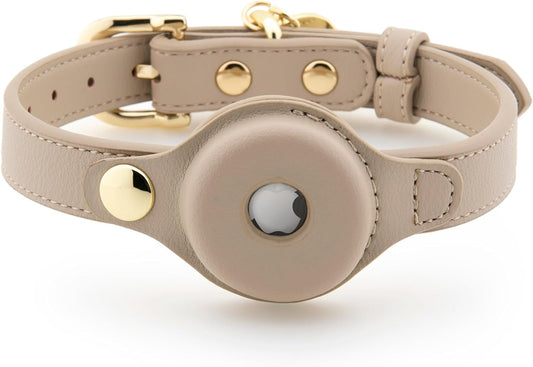 Cupertino Dog Collars, Harnesses & Leashes Made from Vegan Leather with Dog Tracker Device Holder Adjustable Dog Collar - Color Beige, Large
