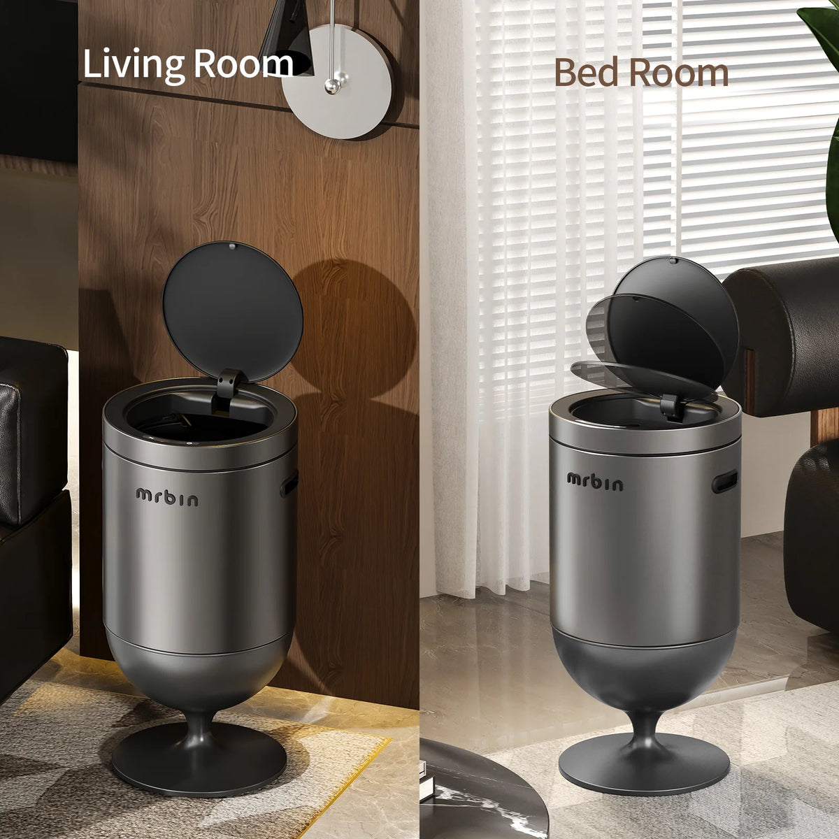 Stainless Steel Motion Sensor Trash Can with Lid, 5.3 Gallon Wine Glass Shaped Automatic Waste Basket Touchless, Smart round Tall Garbage with High Leg for Office, Bedroom, Kitchen, Eclipse Grey