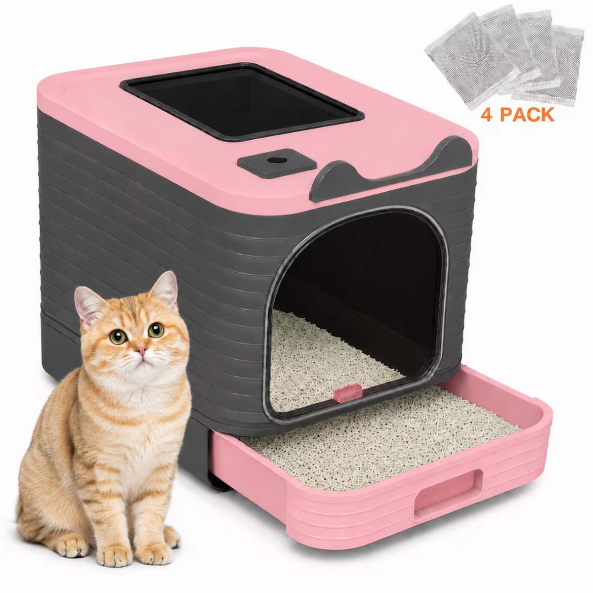 Enclosed Cat Litter Box with Lid, Easy to Clean with Includes Scoop & 4 Charcoal Deodorizer Bags,Pink