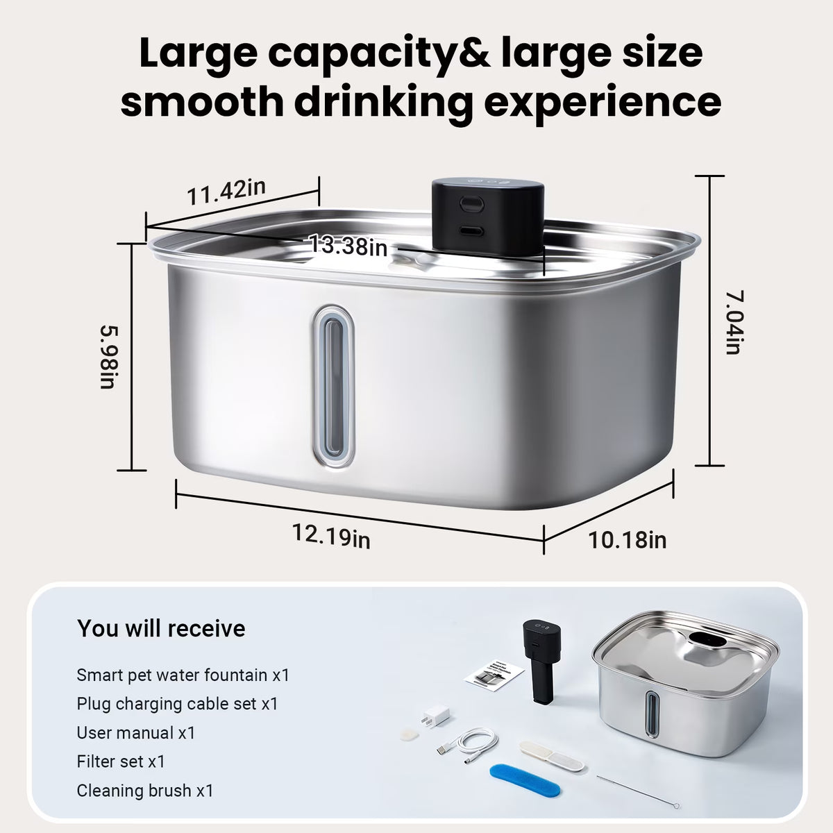10 L Stainless Steel Dog & Cat Water Fountain with Filtration System & Silent Pump