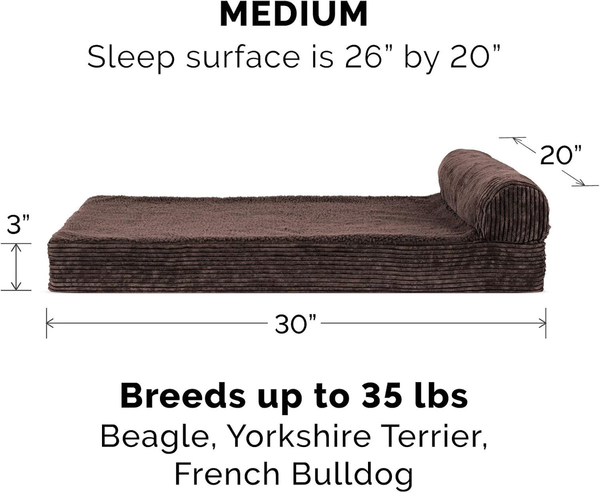 Faux Fleece & Corduroy Chaise Lounge Egg Crate Orthopedic Foam Dog Bed - Espresso, Medium