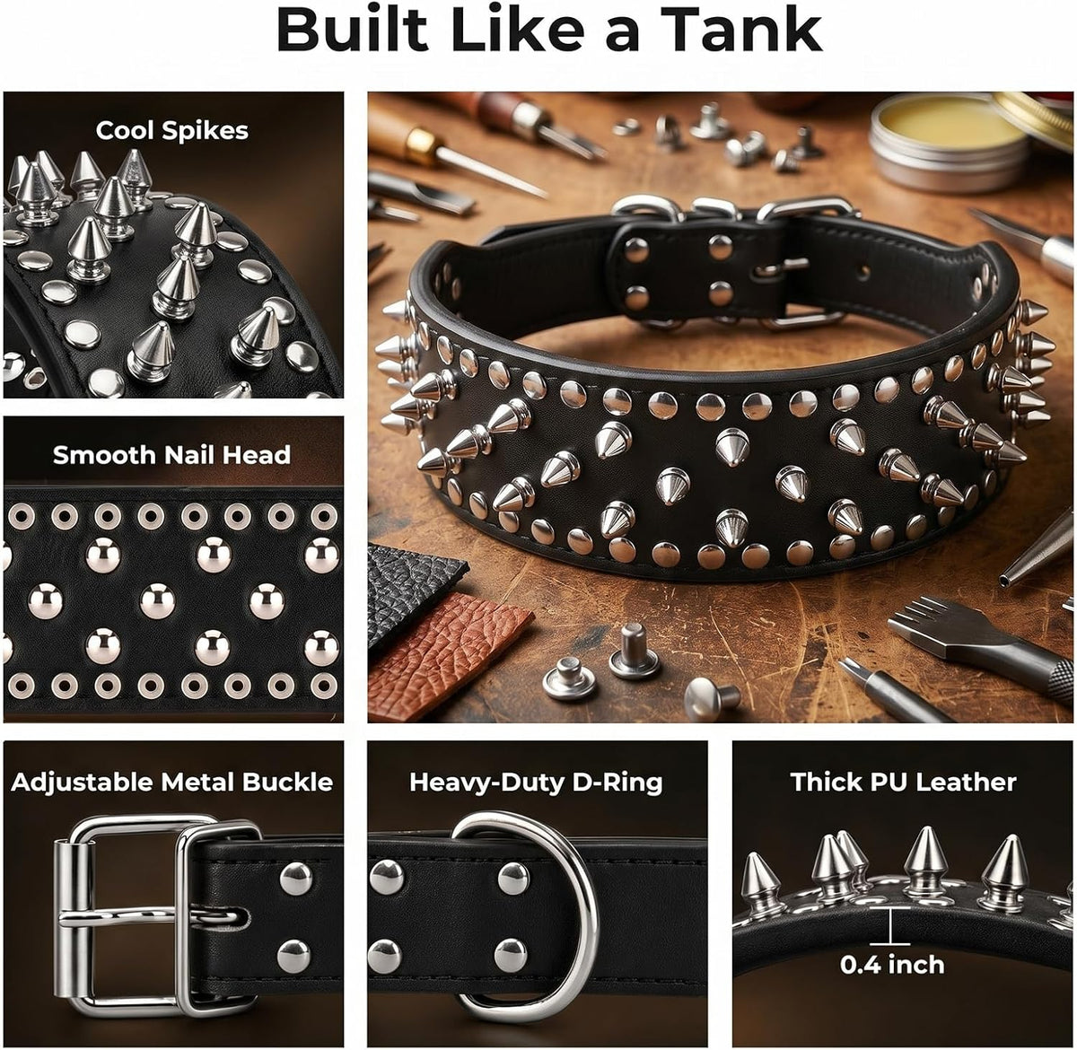 Anti-Bite Wide Spiked Studded Dog Collar, M (18.5” - 21.65”)