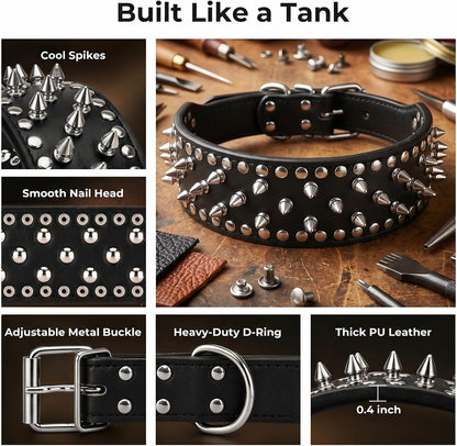 Anti-Bite Wide Spiked Studded Dog Collar, M (18.5” - 21.65”)