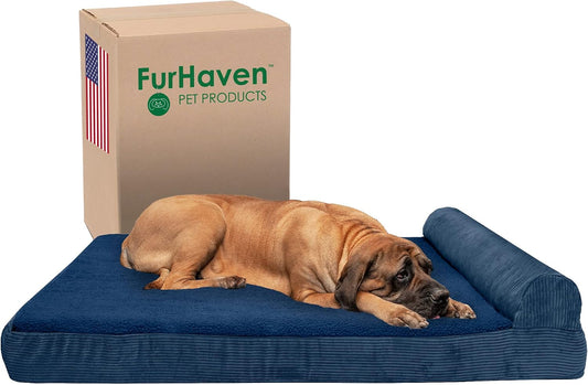 Orthopedic Dog Bed for Large Dogs W/ Removable Bolster & Washable Cover, for Dogs up to 125 Lbs - Fleece & Corduroy Bolster Chaise - Navy Blue, Jumbo Plus/Xxl