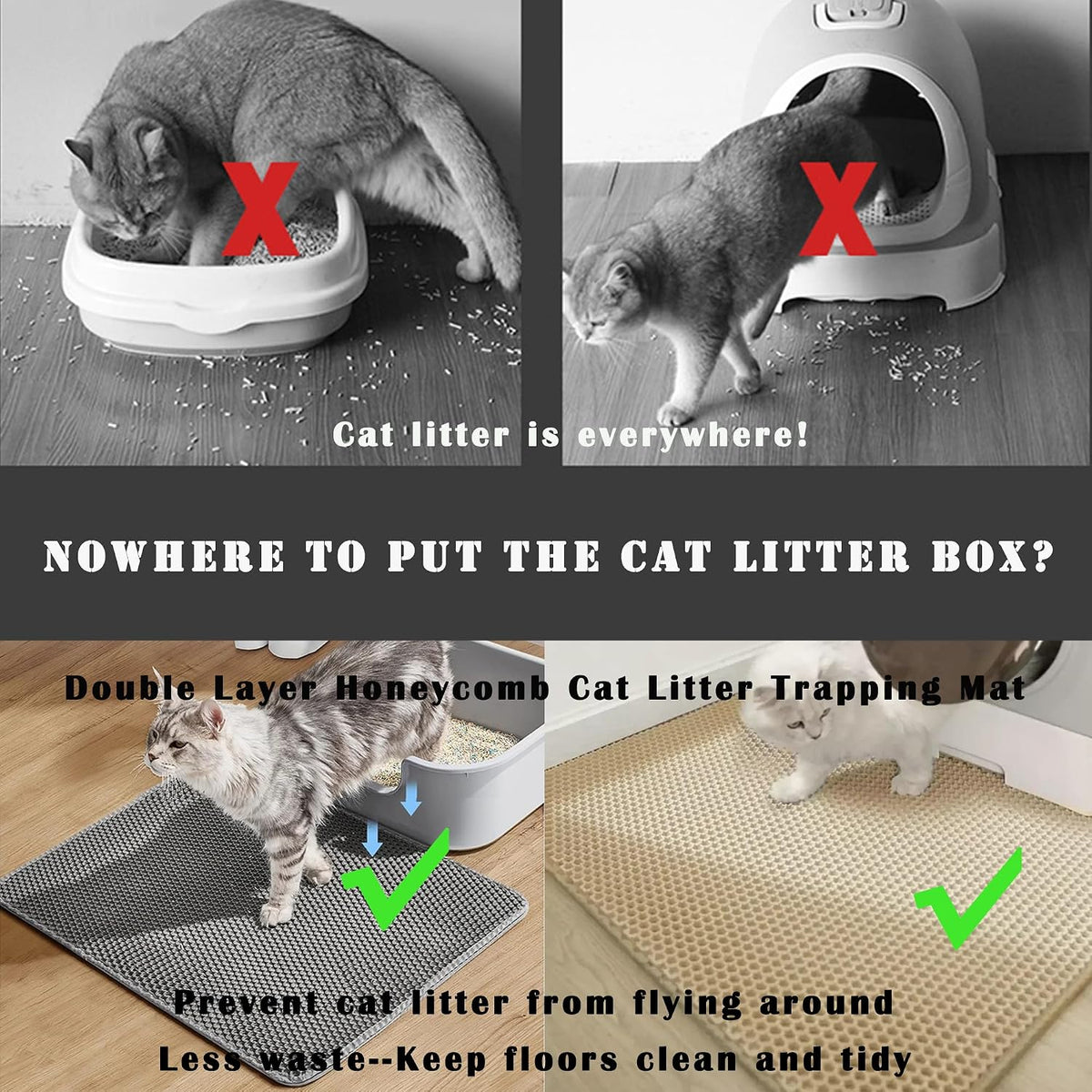 2-Pack Cat Litter Mat, Double Layer Honeycomb Waterproof Urine Proof Non-Slip Litter Trapping Mat, Less Waste, Easy to Clean Cat Litter Box Mat, Kitten Indoor Supplies (Gray, 20X16 Inches)