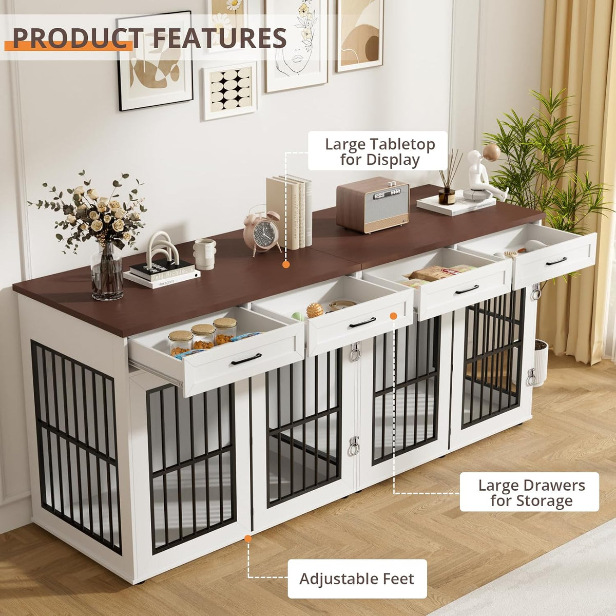 87" Dog Crate Furniture for 2 Dogs, Double Dog Cage Furniture, White