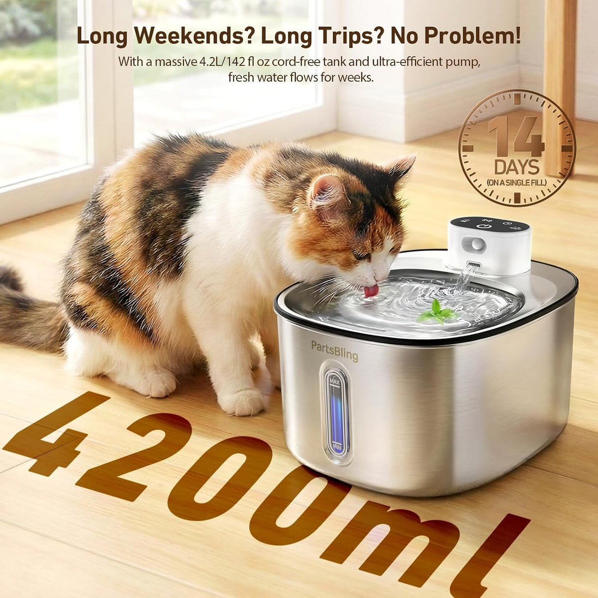 Stainless Steel Cat Water Fountain, 4.2L/142 Oz