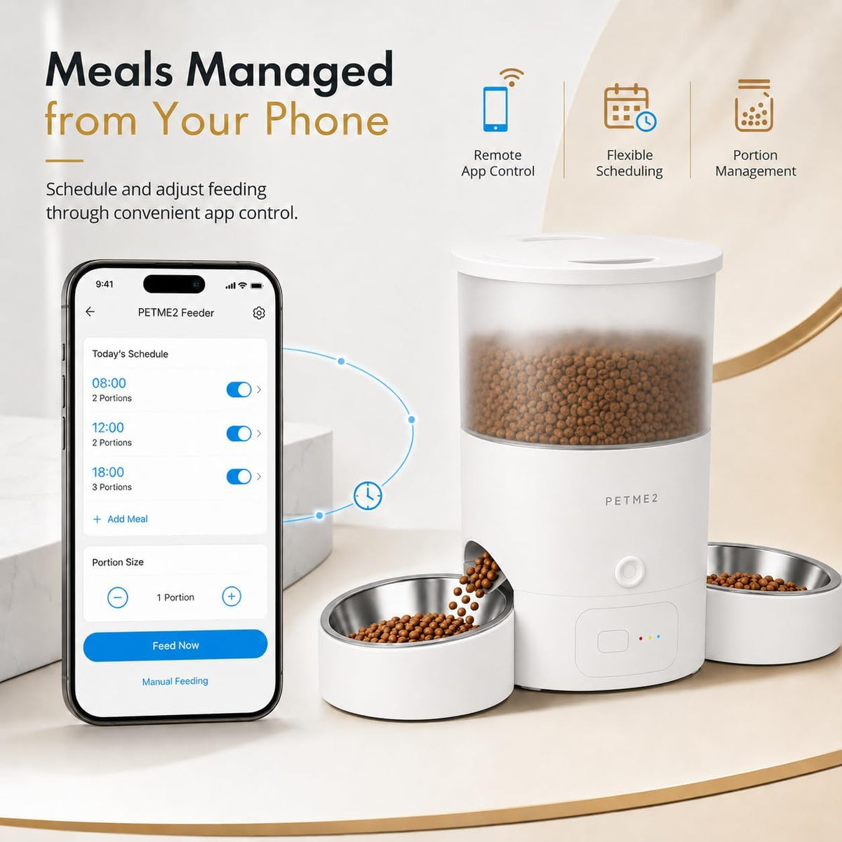 3L Dual Automatic Pet Feeder - Smart & Quiet Cat Automatic Feeders for 2 Cats with App Control, 2 Way Audio, Dual Power Options, Portion Control, Self-Feeding Cat Food Dispenser - White