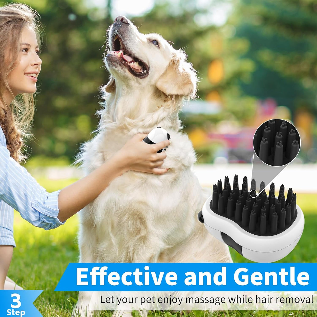 3-In-1 Dog Grooming Brush | Adjustable Handle Shampoo Brush & Scrubber for Short & Long Haired Dogs & Cats (Blue Blue White)