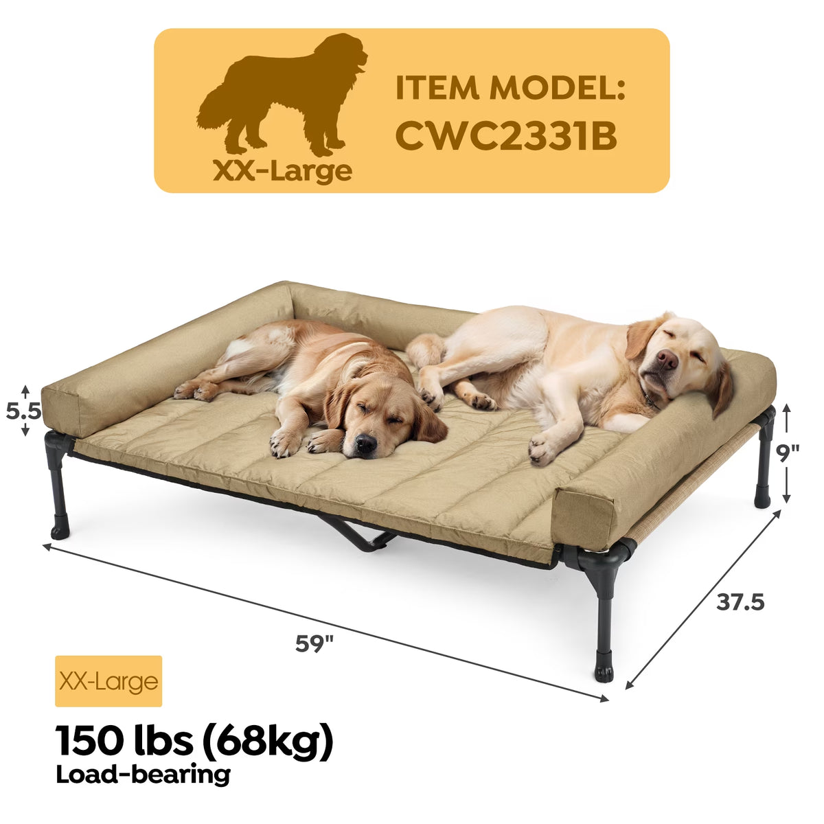 Cooling Elevated Dog Bed + Waterproof Removable Pillow-Top Mat, Xxlarge, Beige Coffee
