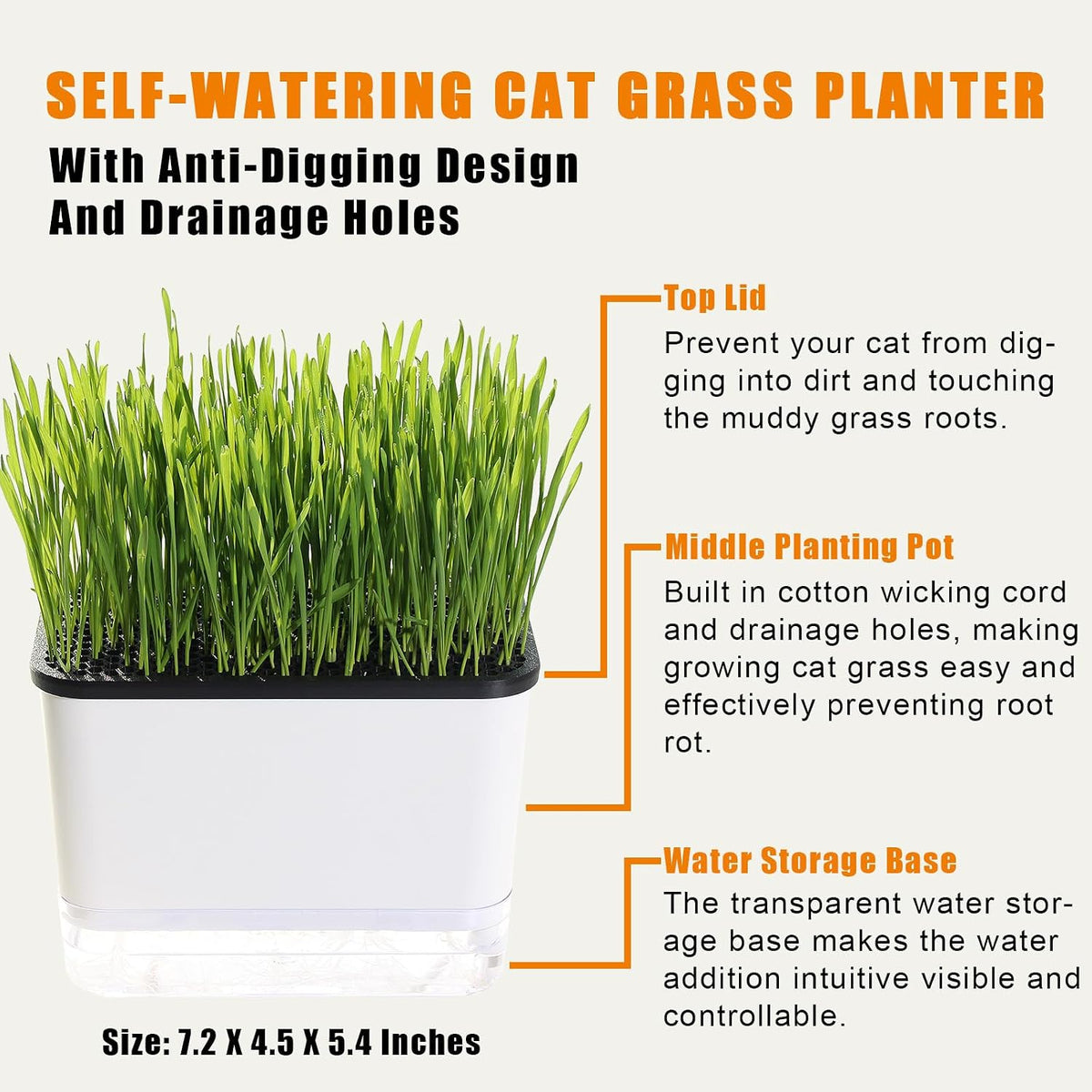 Self-Watering Cat Grass Planter (No Seeds Included) for Indoor Cats