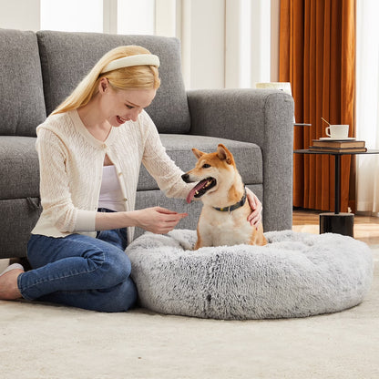 Calming Donut Dog & Cat Bed, 20 Inches round Fluffy Dog Beds for Medium Dogs, Anti-Anxiety Plush Dog Bed, Machine Washable Pet Bed, Gray