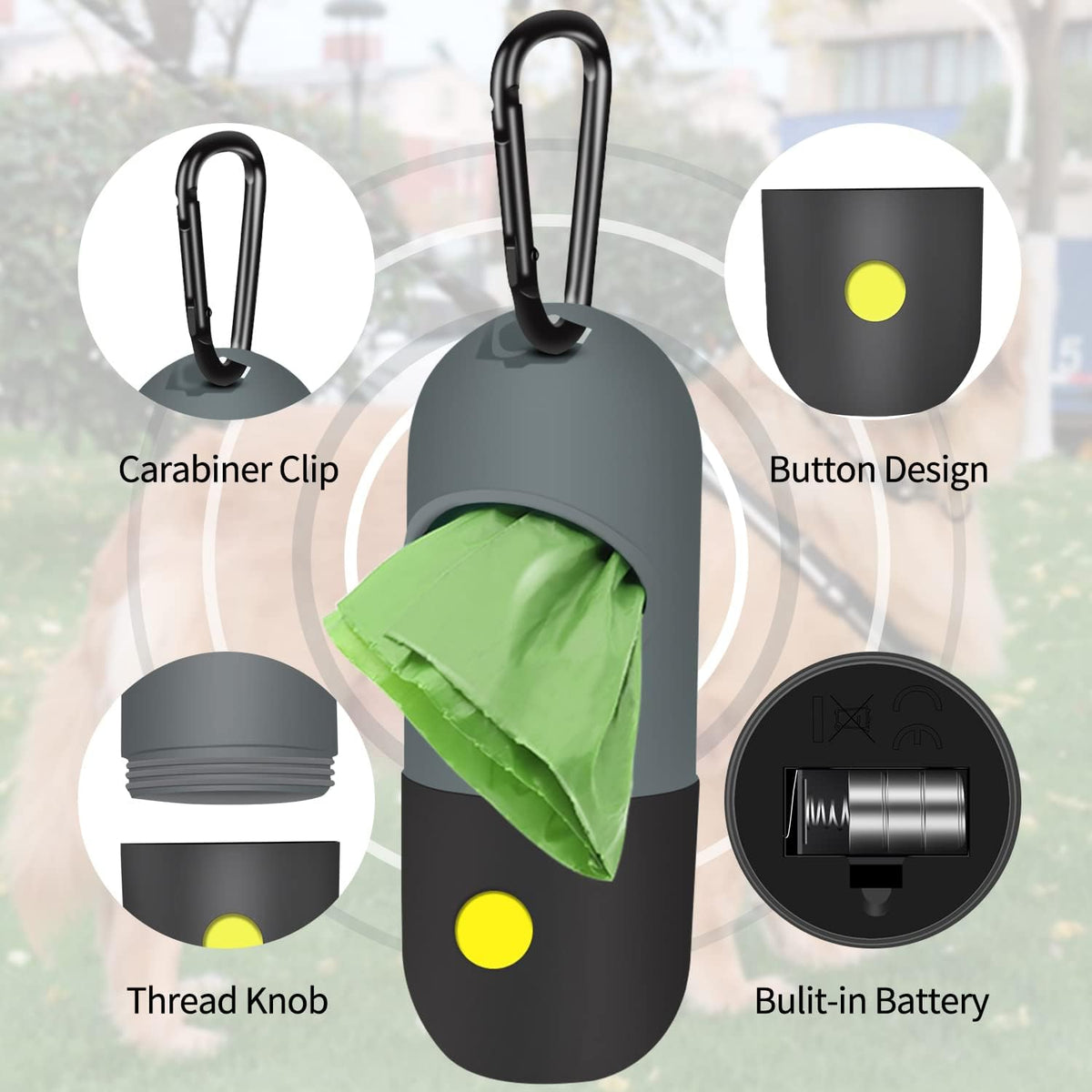 2 Pack Dog Poop Bag Dispenser with Built-In LED Flashlight, Pet Waste Bag Holder for Leash with Carabiner Clip for Lead Leash, 2 Rolls Leak-Proof Doggy Waste Bags for Dog Walking, Grey