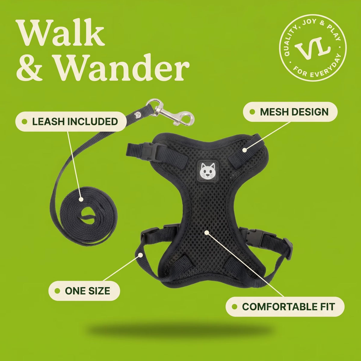 Adjustable Cat Harness and Leash Set, Black, One Size