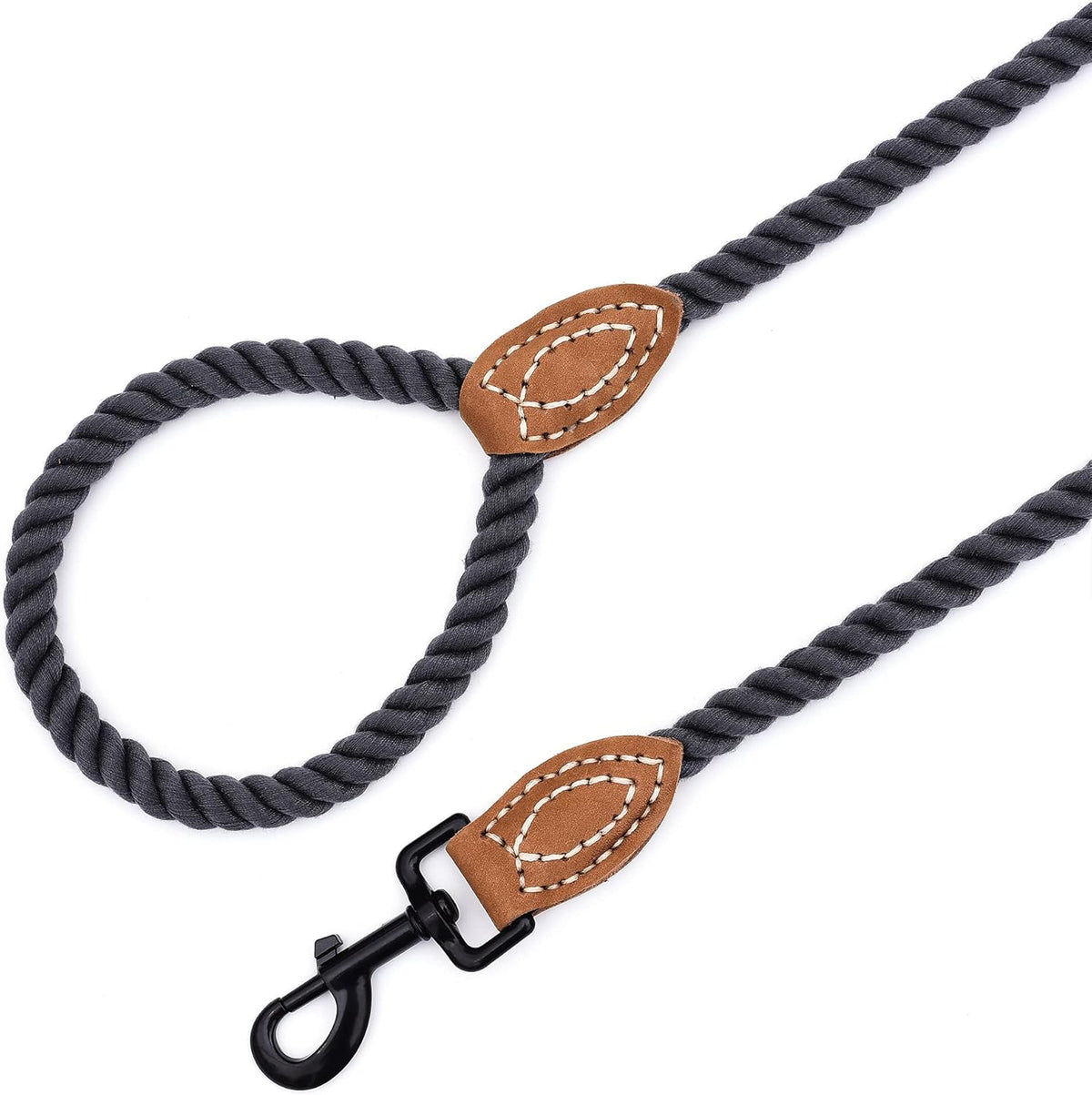 Dog Leash Braided Cotton Rope with Leather-Reinforced Ends