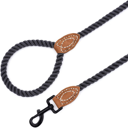 Dog Leash Braided Cotton Rope with Leather-Reinforced Ends