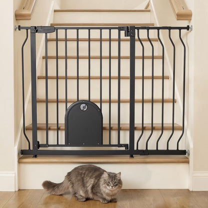 Pet Gate with Cat Door, 29.5"-43.7" Wide Dog Gate for Stairs & Doorways, Pressure Mounted, Black