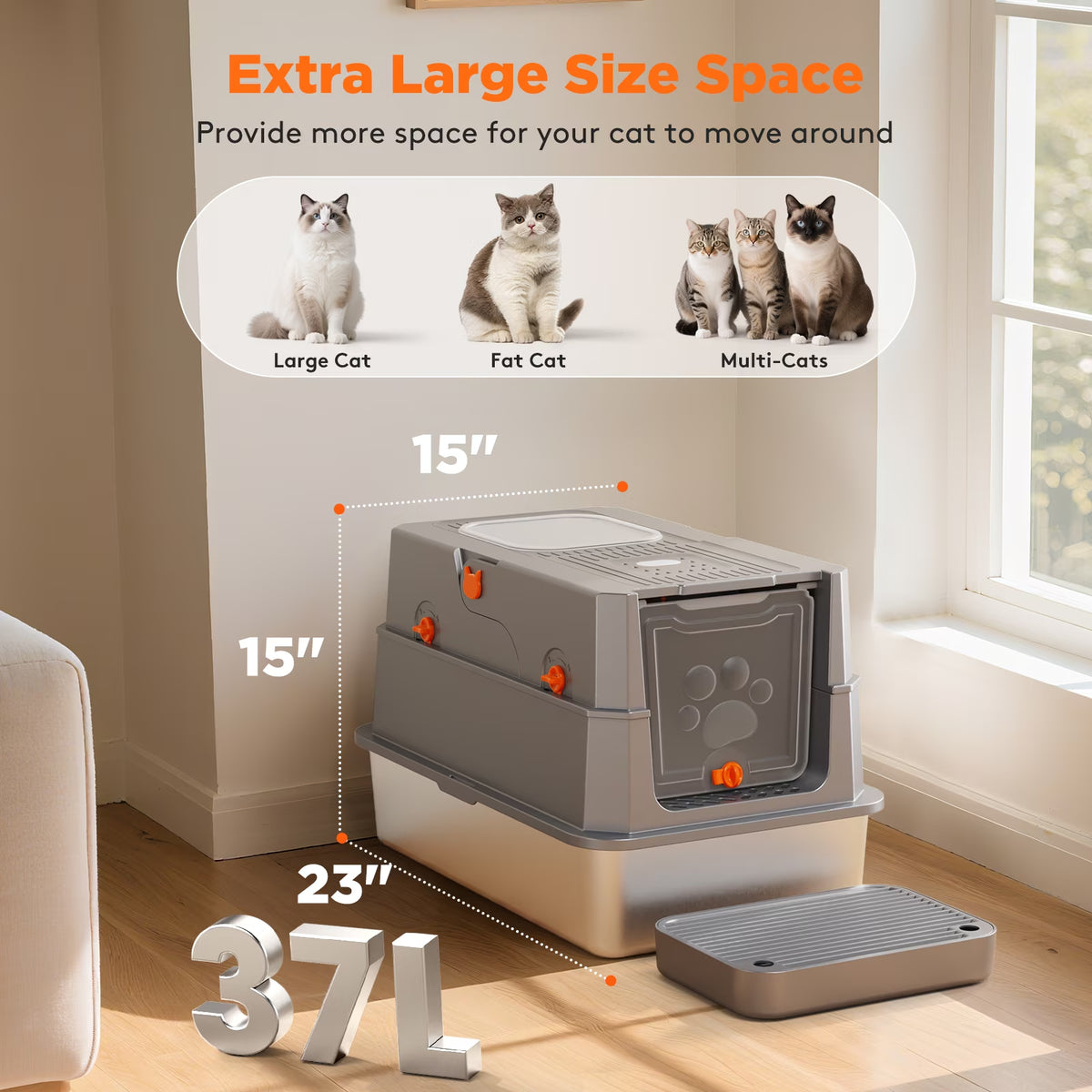 Stainless Steel Litter Box with Lid, Extra Large Enclosed Cat Litter Boxes for Big Cats Multiple, Metal Cat Litter Box with Mat, Dark Gray