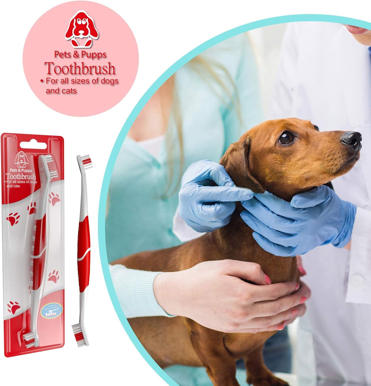 Pet Toothbrush for Dogs, Cats with Soft Bristles - Easy Teeth Cleaning & Dental Care, Non Slip Dual Head Dog Toothbrush for Medium & Large Pets, Toothpaste Not Included, Pack of 1 Red