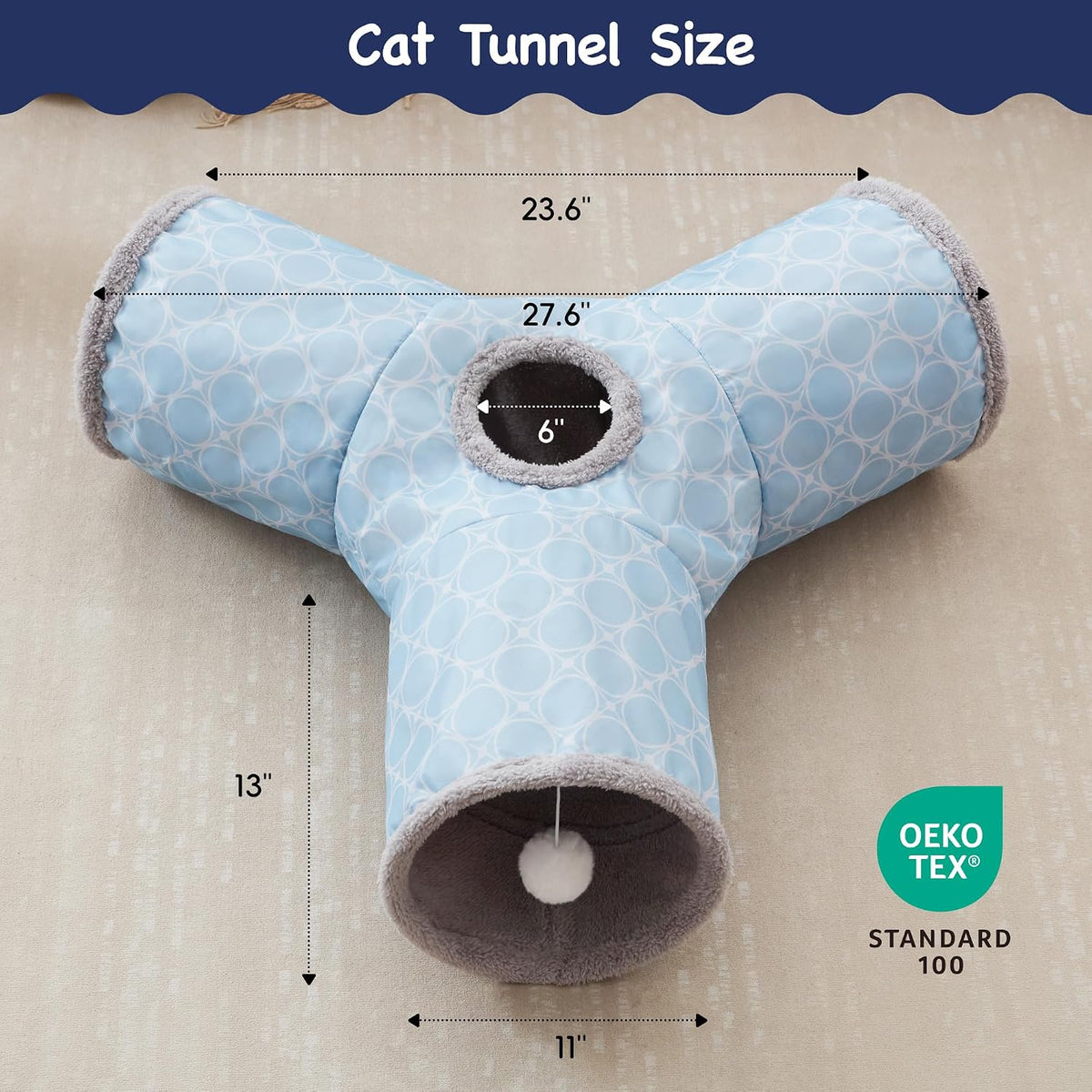Cat Tunnel, 3-Way Collapsible Toy for Indoor Cats, Geometry Blue