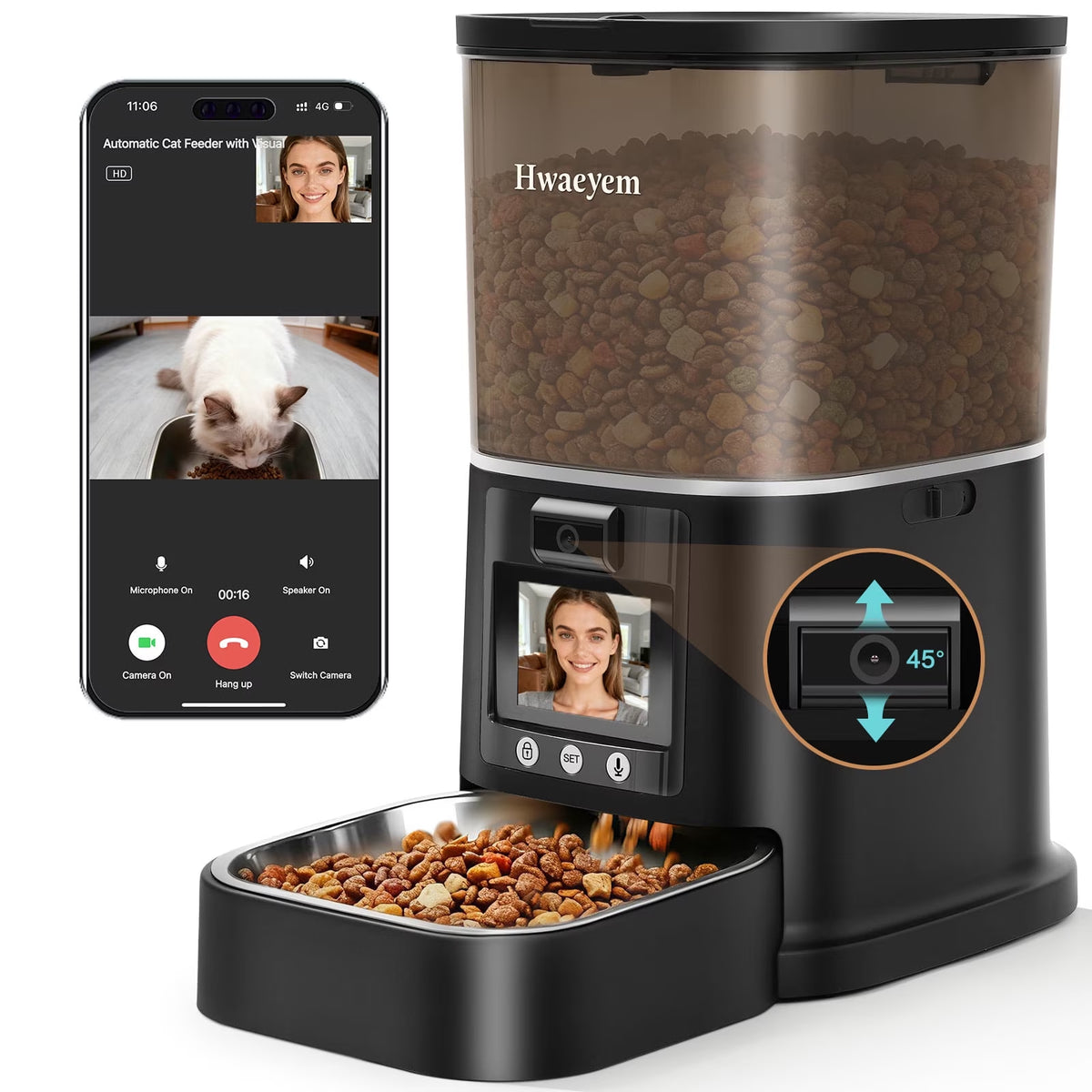 Automatic Cat Feeder with Camera, 5G Wifi Smart Food Dispenser, APP Remote Control, Timed Portion Feeding, Large Capacity Dog Cat Automatic Feeder, Black