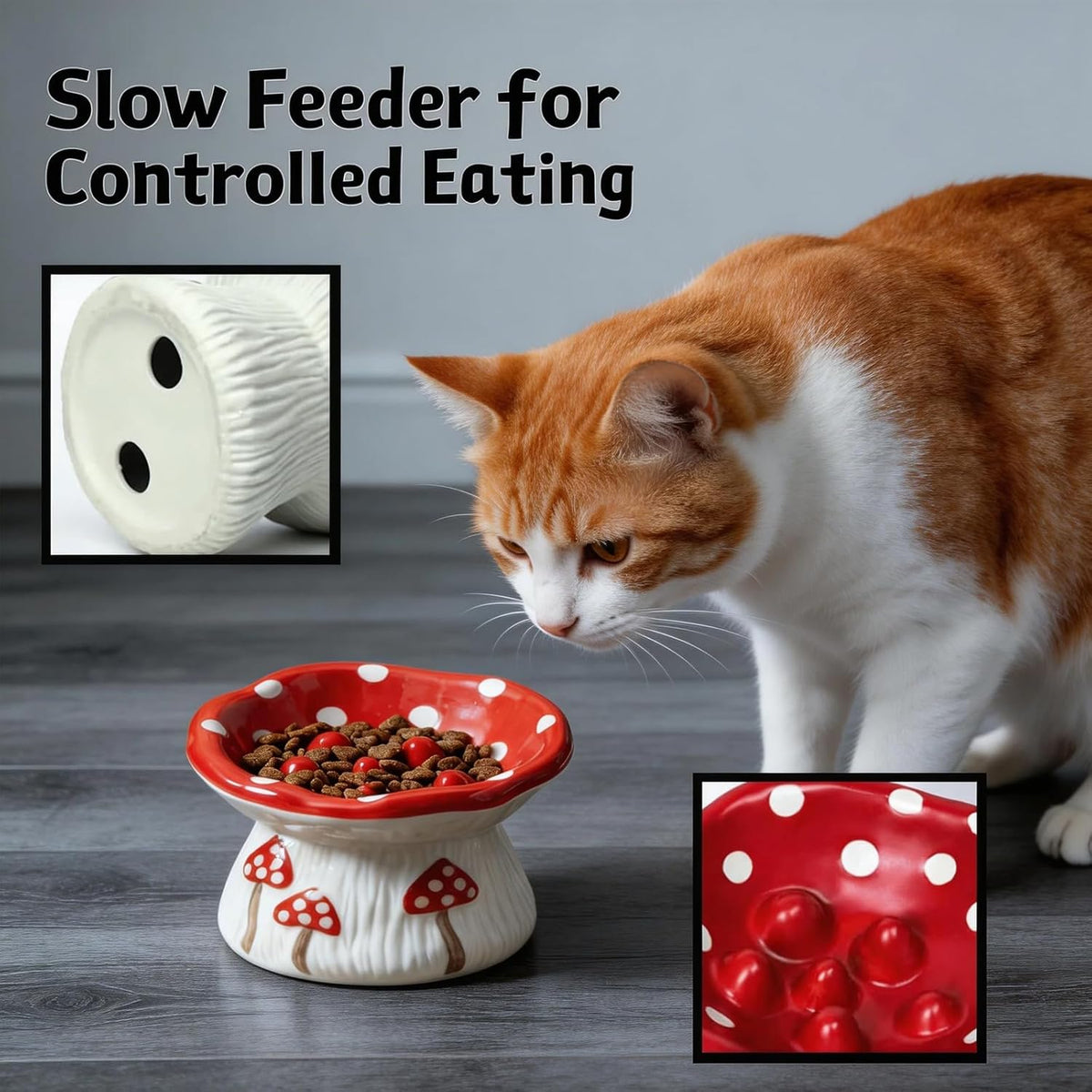 Cute Ceramic Elevated Slow Feeder Cat Bowl, Mushroom Design Non-Slip Pet Bowl for Cats & Small Dogs