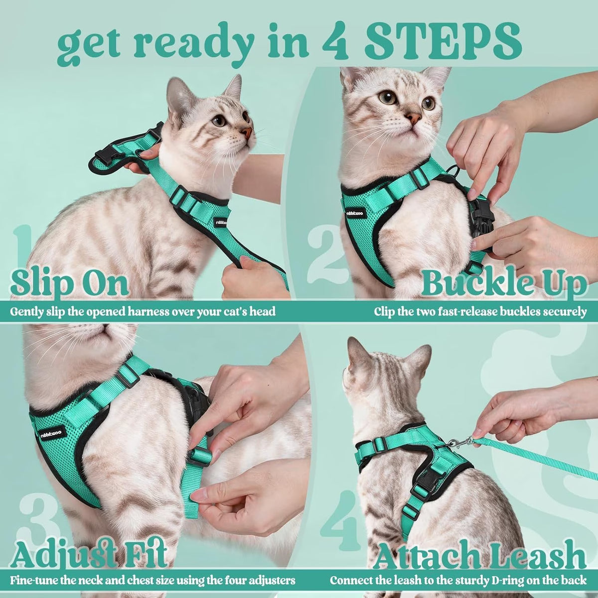 Cat Harness and Leash for Walking, Escape Proof Soft Adjustable Vest Harnesses for Cats, Easy Control Breathable Reflective Strips Jacket, Green