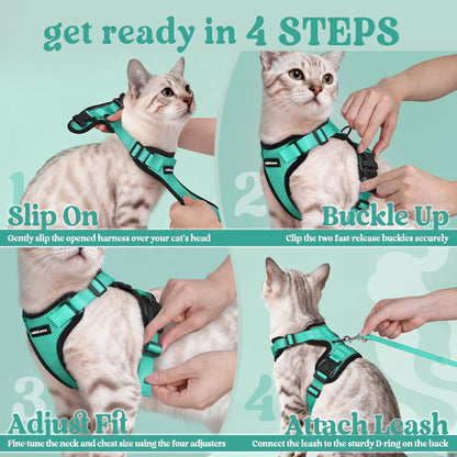 Cat Harness and Leash for Walking, Escape Proof Soft Adjustable Vest Harnesses for Cats, Easy Control Breathable Reflective Strips Jacket, Green