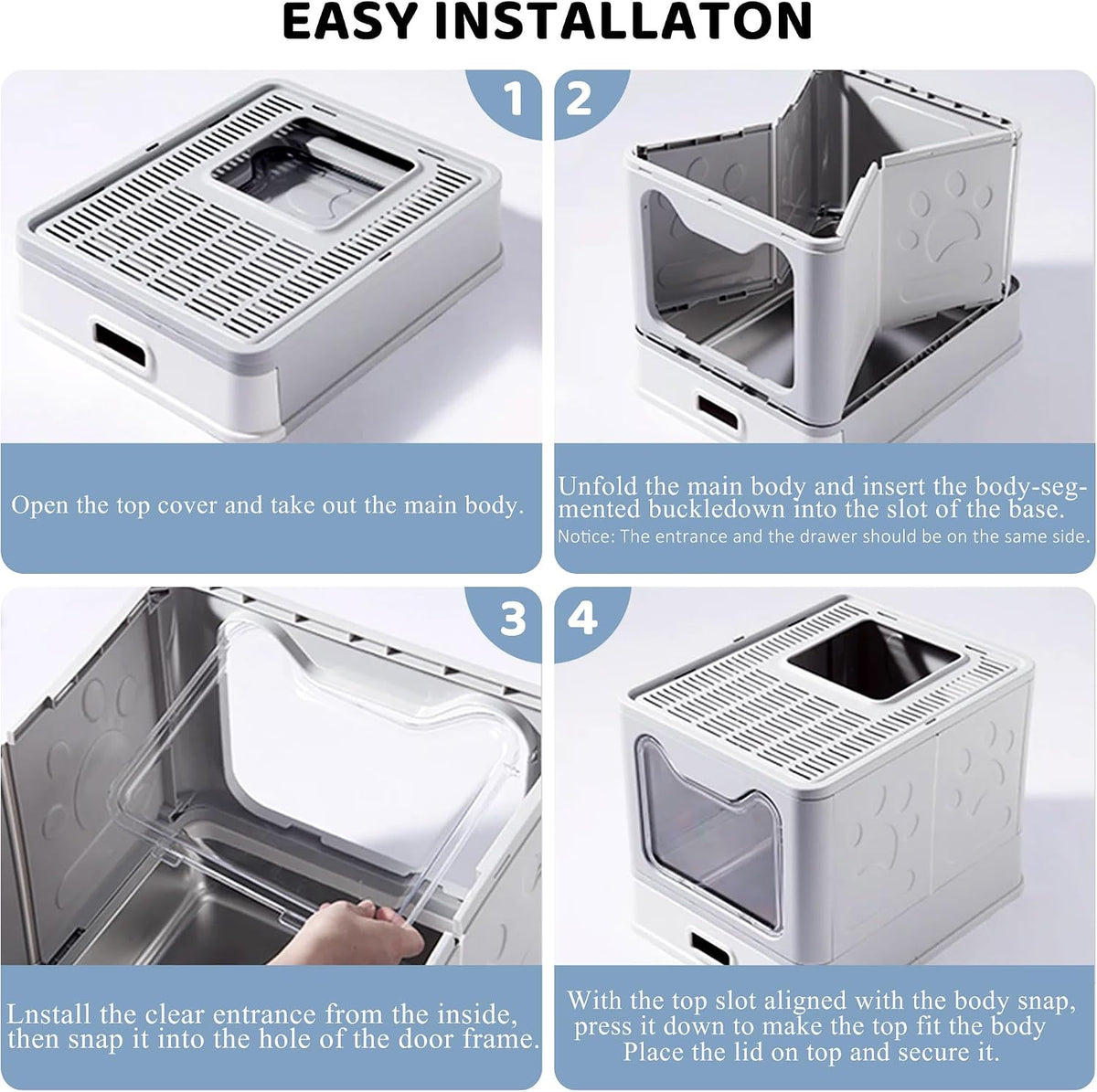 Enclosed Cat Litter Box with Lid Top Exit Covered Metal Stainless Steel Litter Box Leak Proof & Odorless Easy to Clean Including Cat Litter Scoop and Litter Mat