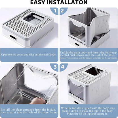 Enclosed Cat Litter Box with Lid Top Exit Covered Metal Stainless Steel Litter Box Leak Proof & Odorless Easy to Clean Including Cat Litter Scoop and Litter Mat