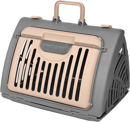 Foldable Travel Cat Carrier - Front Door Plastic Collapsible Carrier, Gray and Tan, Medium (Pack of 1)